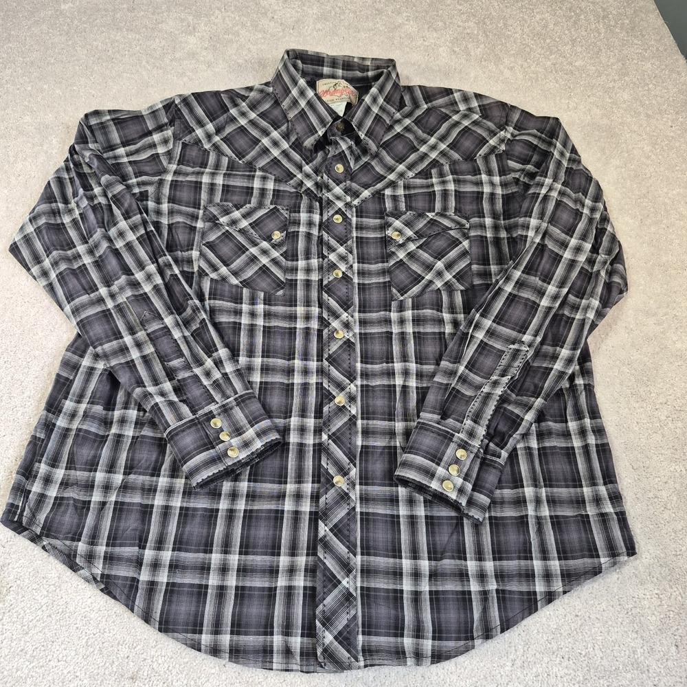 Wrangler Western Wrancher Pearl Snap Shirt Mens XL Plaid long sleeve Black Gray